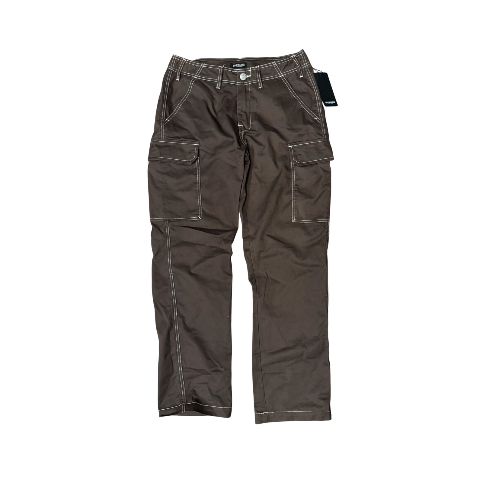 True Religion Mens Cargo Pants Bracken Brown White Contrast Stitch Size 30